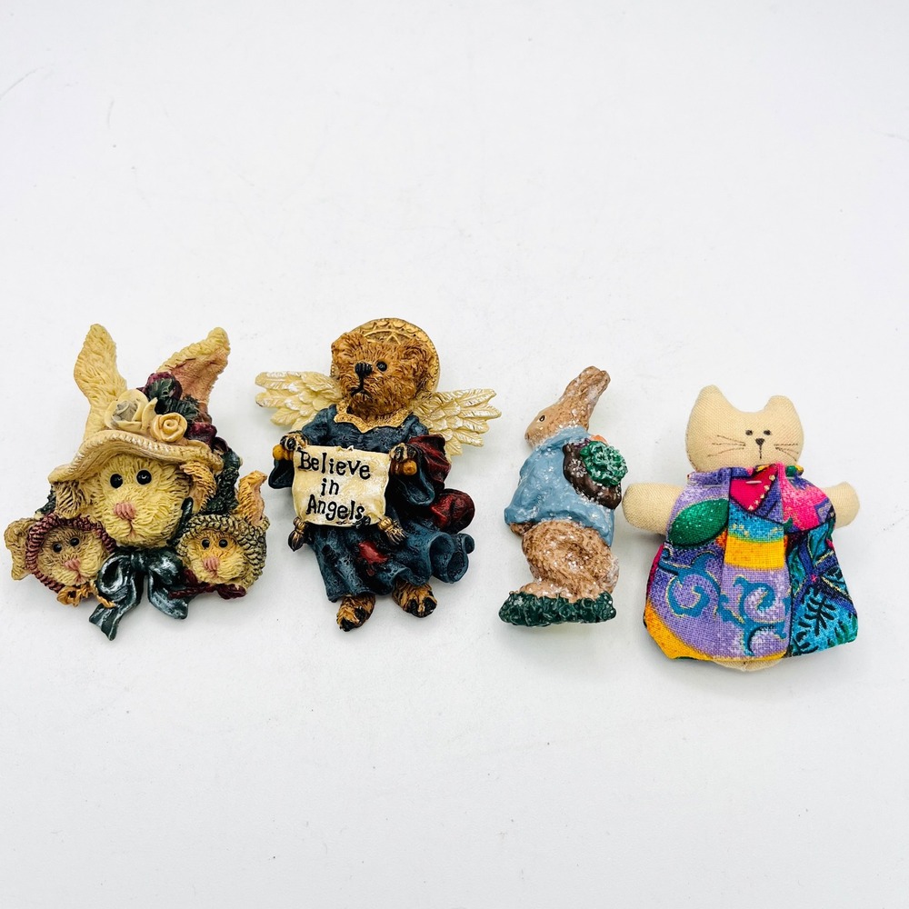 Vintage Animal Brooch Lot Enesco Haresnickle Bunny Angel Bear Fabric Cat Pins